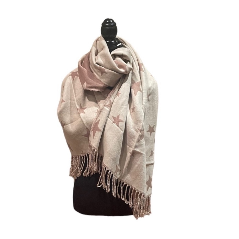 Lowrys Farm beige & cream star print oversized pashmina wrap scarf cold weather